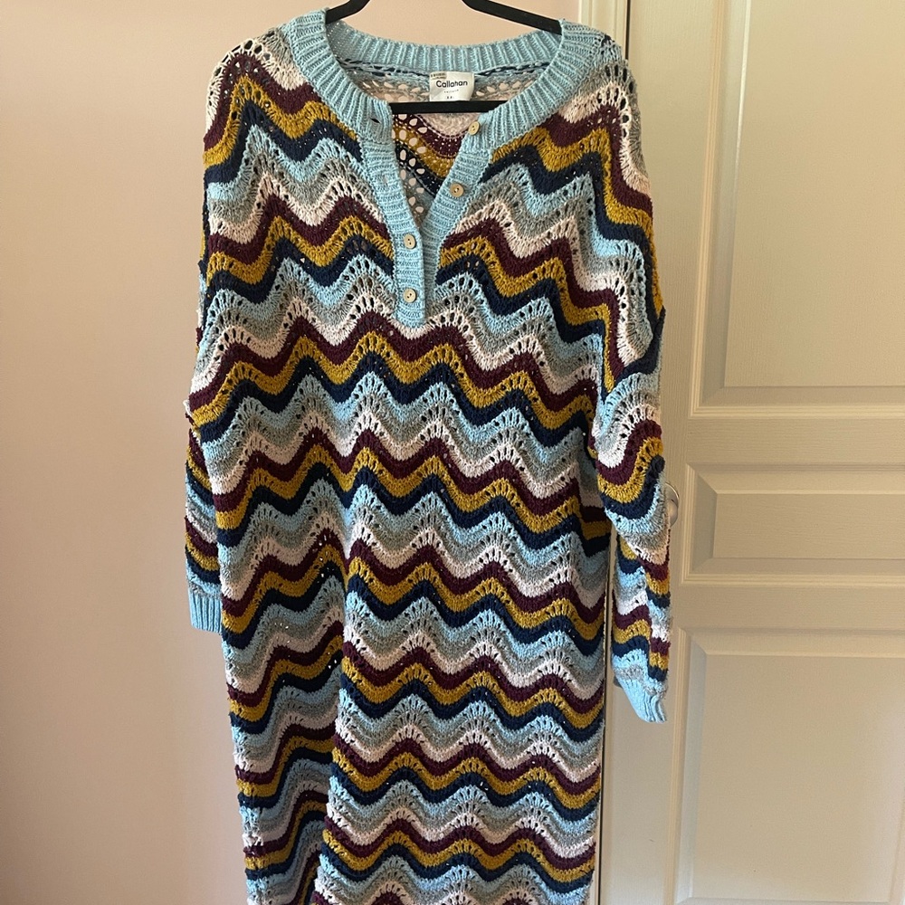 Callahan Open-Knit Zigzag Sweater Dress in Light Blue, Burgundy & Mustard
